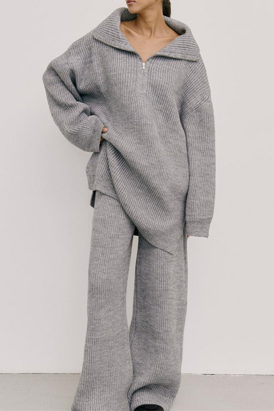 Conjunto informal de dos piezas con cuello vuelto, manga larga y tejido con cremallera