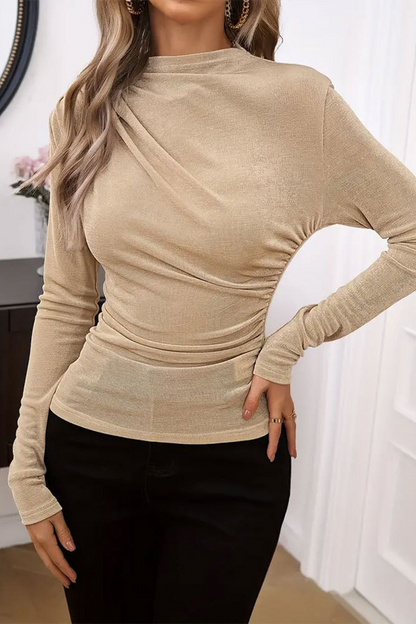 Tops casuales de cuello mandarín fruncido en color sólido