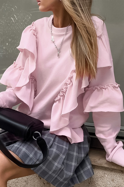 Sudadera informal con cuello redondo y volantes de color sólido