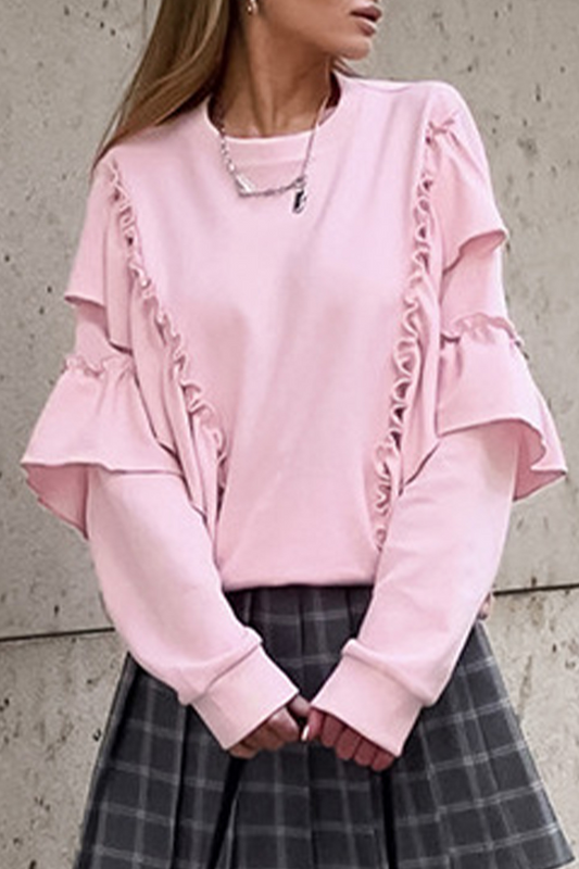 Sudadera informal con cuello redondo y volantes de color liso