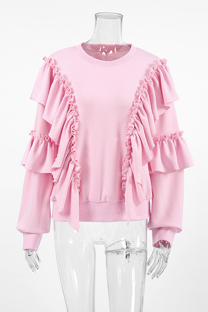 Sudadera informal con cuello redondo y volantes de color liso