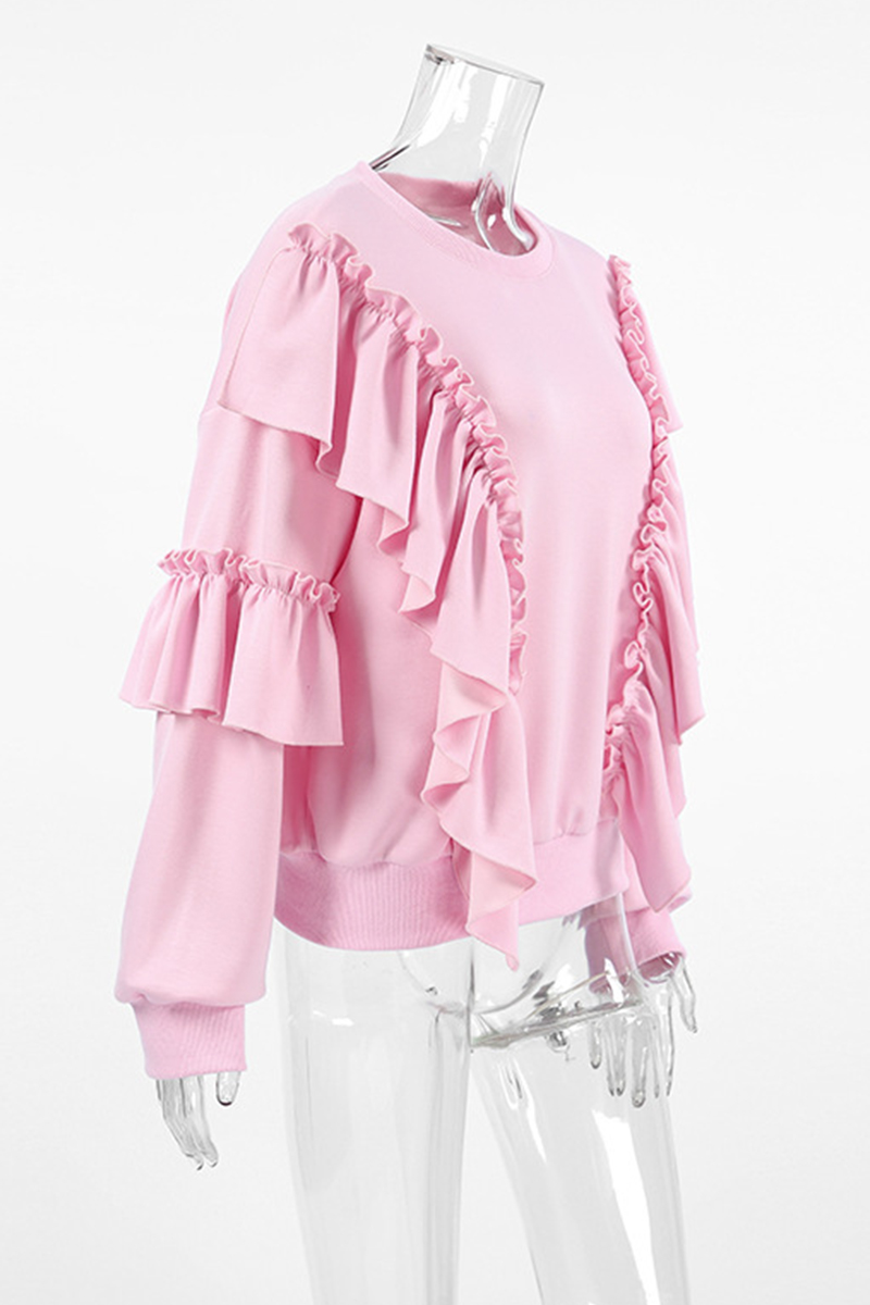 Sudadera informal con cuello redondo y volantes de color sólido
