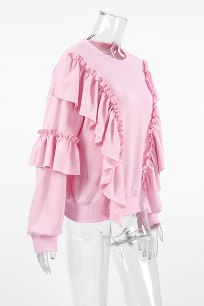 Sudadera informal con cuello redondo y volantes de color sólido