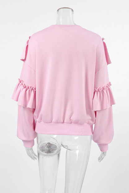 Sudadera informal con cuello redondo y volantes de color sólido