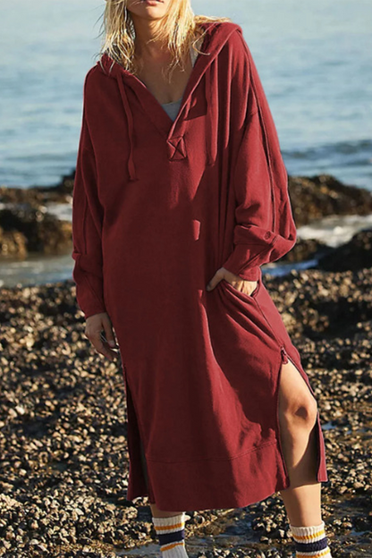 Vestidos casuales de manga larga con capucha y abertura en el bolsillo para uso diario (4 colores)