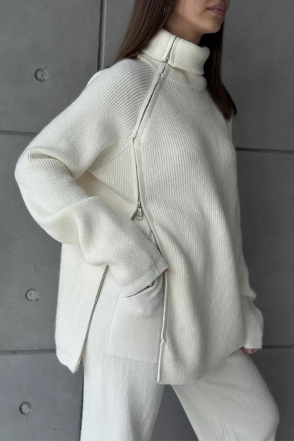 Conjunto informal de dos piezas con cuello con cremallera y manga larga para uso diario (6 colores)