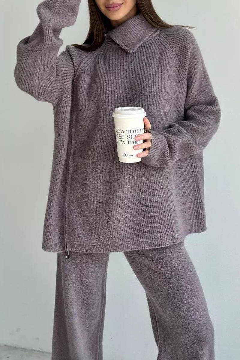 Conjunto informal de dos piezas con cuello con cremallera y manga larga para uso diario (6 colores)