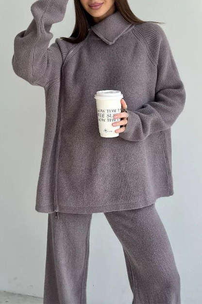 Conjunto informal de dos piezas con cuello con cremallera y manga larga para uso diario (6 colores)
