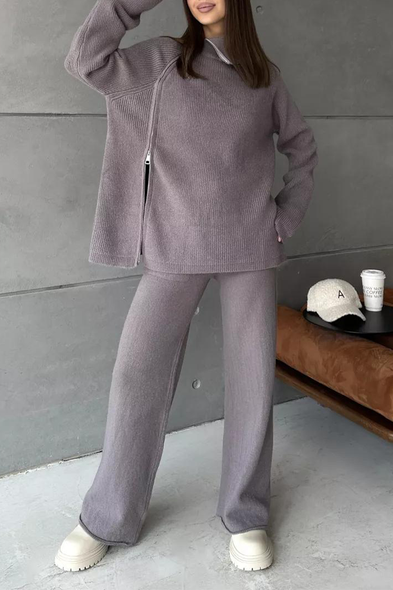 Conjunto informal de dos piezas con cuello con cremallera y manga larga para uso diario (6 colores)