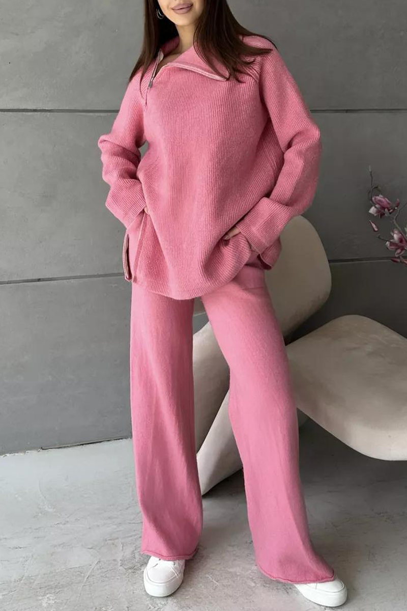 Conjunto informal de dos piezas con cuello con cremallera y manga larga para uso diario (6 colores)