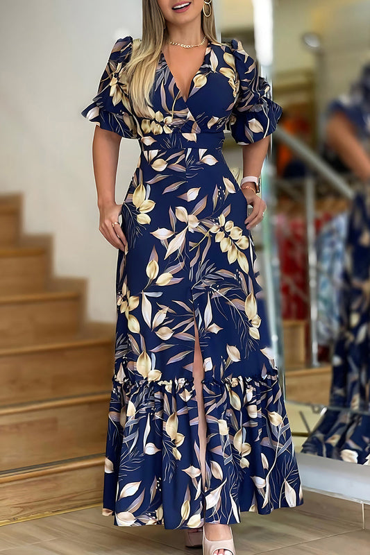Vestidos largos elegantes con cuello en V y abertura con estampado de patchwork