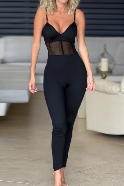 Mono ajustado sexy de malla de color sólido con cuello en V