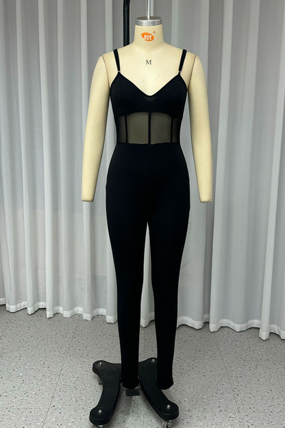 Mono ajustado sexy de malla de color sólido con cuello en V