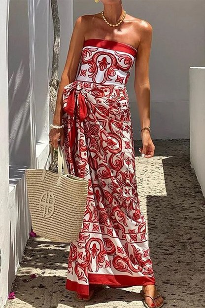 Traje de baño de dos piezas con estampado floral, sexy, sin tirantes, con cordones y sin mangas