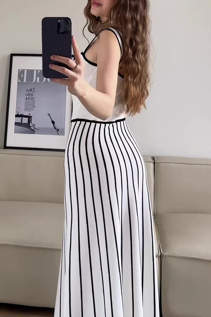 Vestidos sexis de tirantes con escote cuadrado y contraste de tejido de rayas