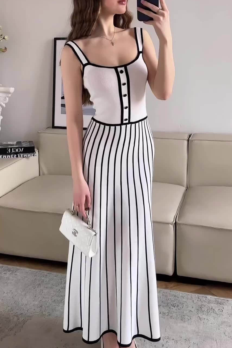 Vestidos sexis de tirantes con escote cuadrado y contraste de tejido de rayas