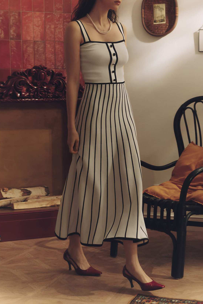 Vestidos sexis de tirantes con escote cuadrado y contraste de tejido de rayas