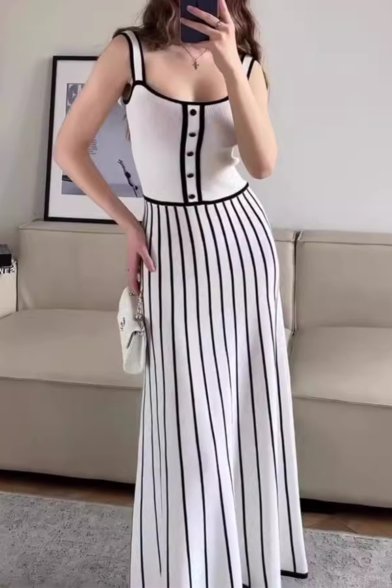 Vestidos sexis de tirantes con escote cuadrado y contraste de tejido de rayas