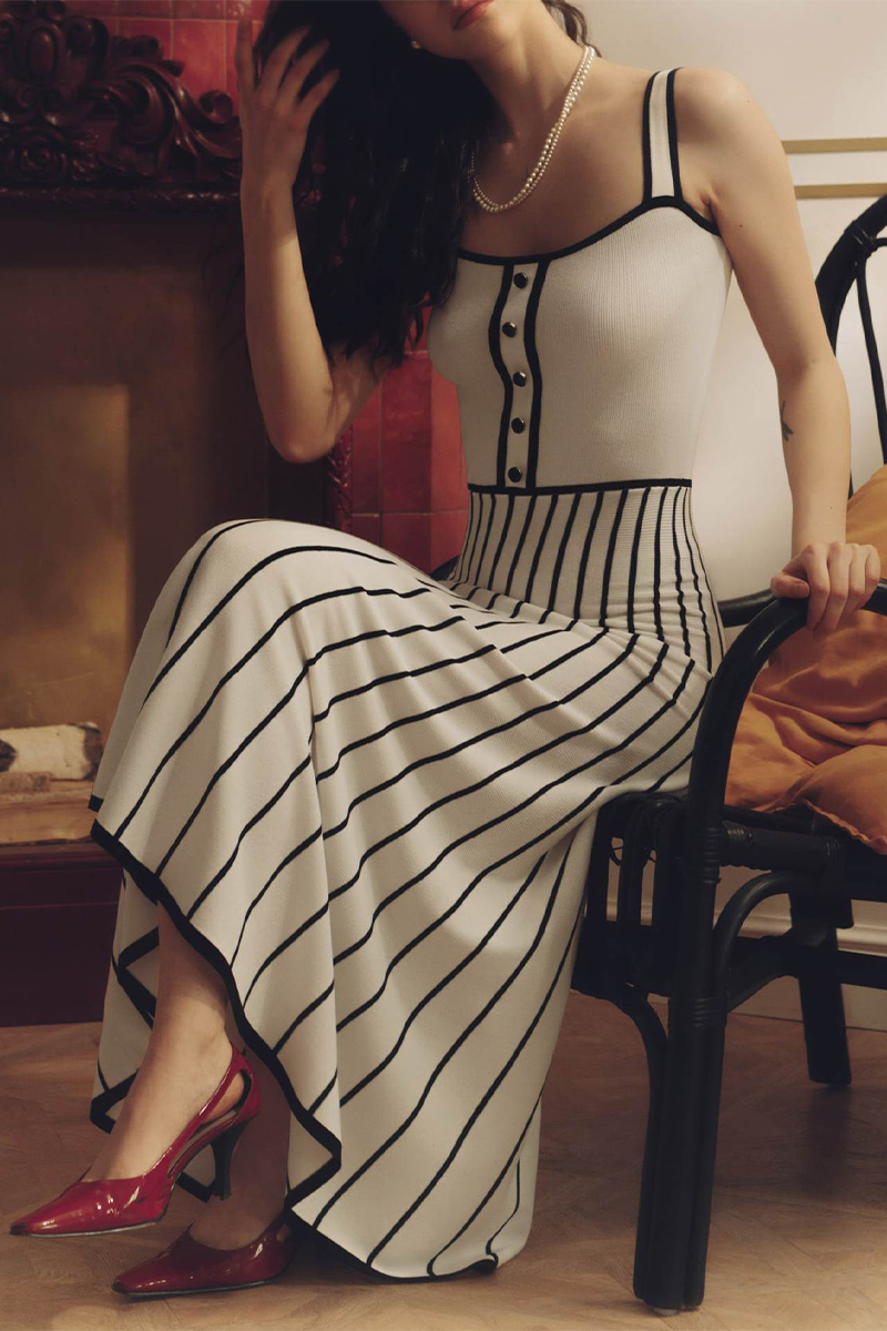Vestidos sexis de tirantes con escote cuadrado y contraste de tejido de rayas