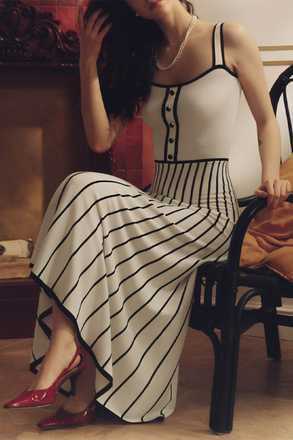 Vestidos sexis de tirantes con escote cuadrado y contraste de tejido de rayas