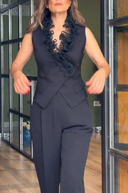 Conjunto casual de dos piezas con botones, escote en V y sin mangas