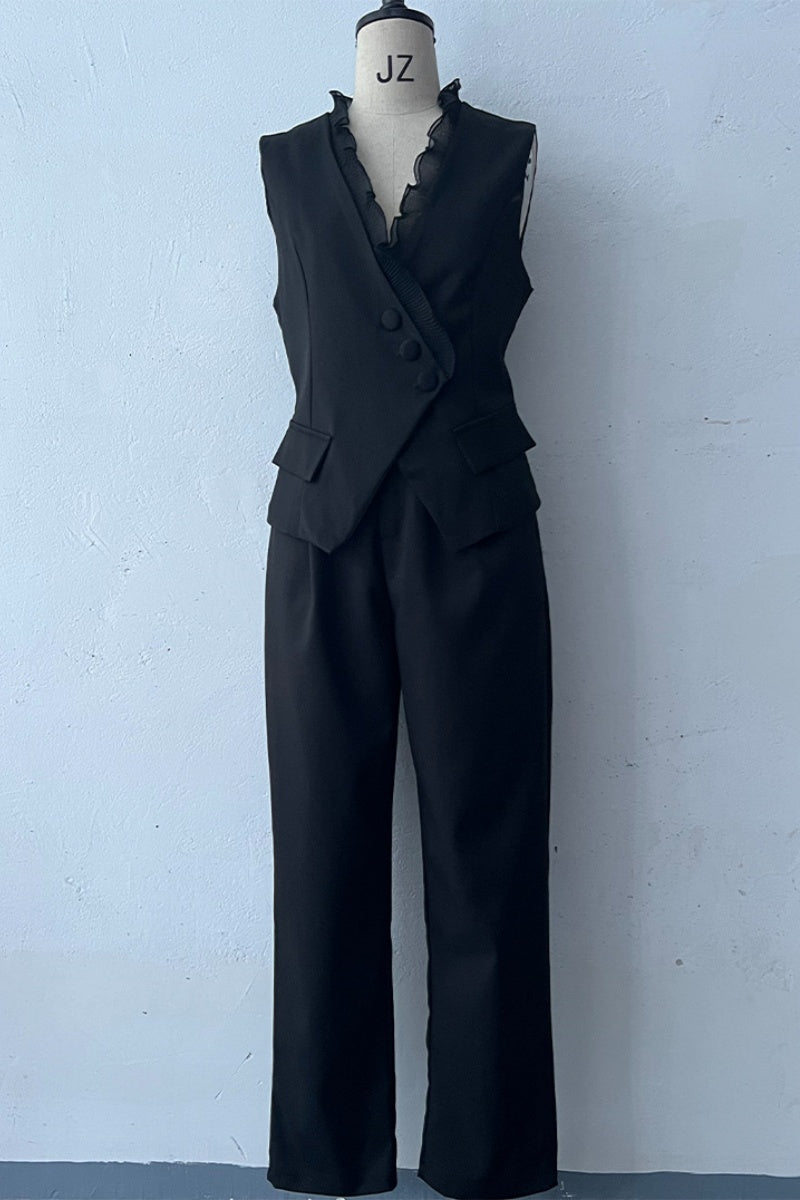 Conjunto casual de dos piezas con botones, escote en V y sin mangas