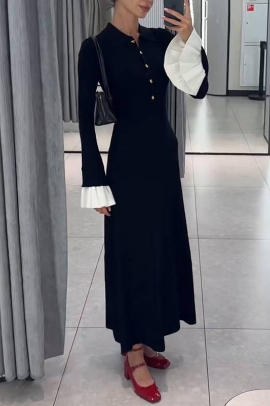 Elegante vestido de falda con escote redondo y cintura alta con volantes en contraste