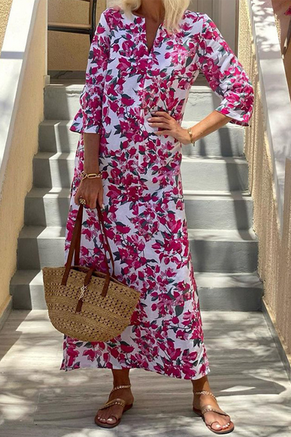 Elegantes vestidos estampados con escote en V y abertura con estampado floral