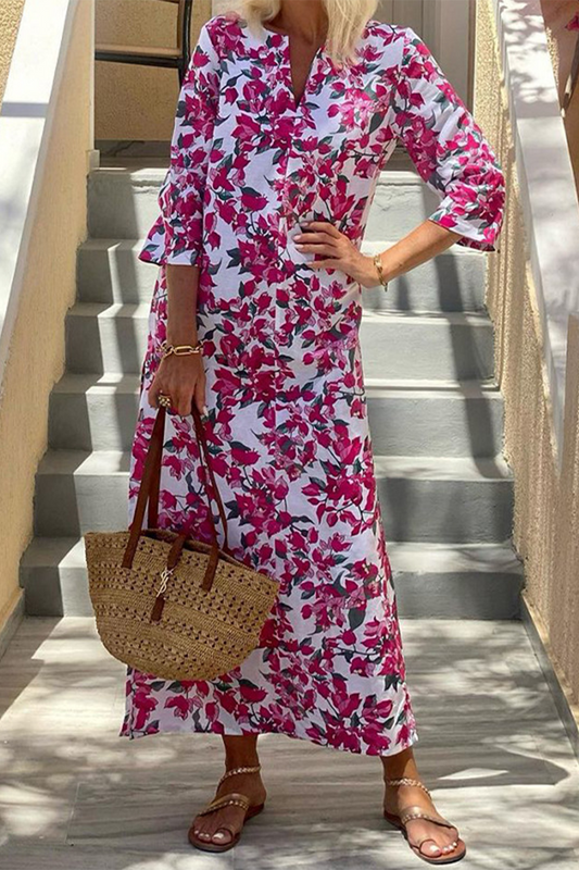 Elegantes vestidos estampados con escote en V y abertura con estampado floral
