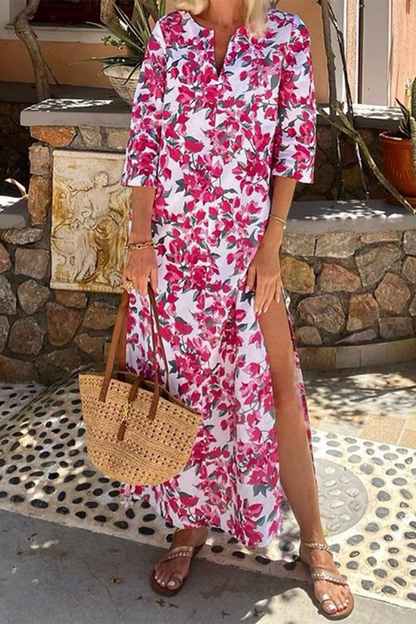 Elegantes vestidos estampados con escote en V y abertura con estampado floral
