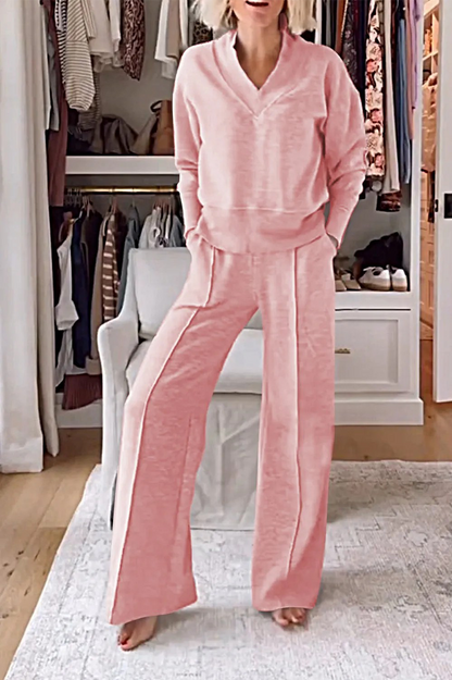 Conjunto informal de dos piezas con cuello en V, manga larga y bolsillos (7 colores)