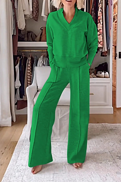 Conjunto informal de dos piezas con cuello en V, manga larga y bolsillos (7 colores)