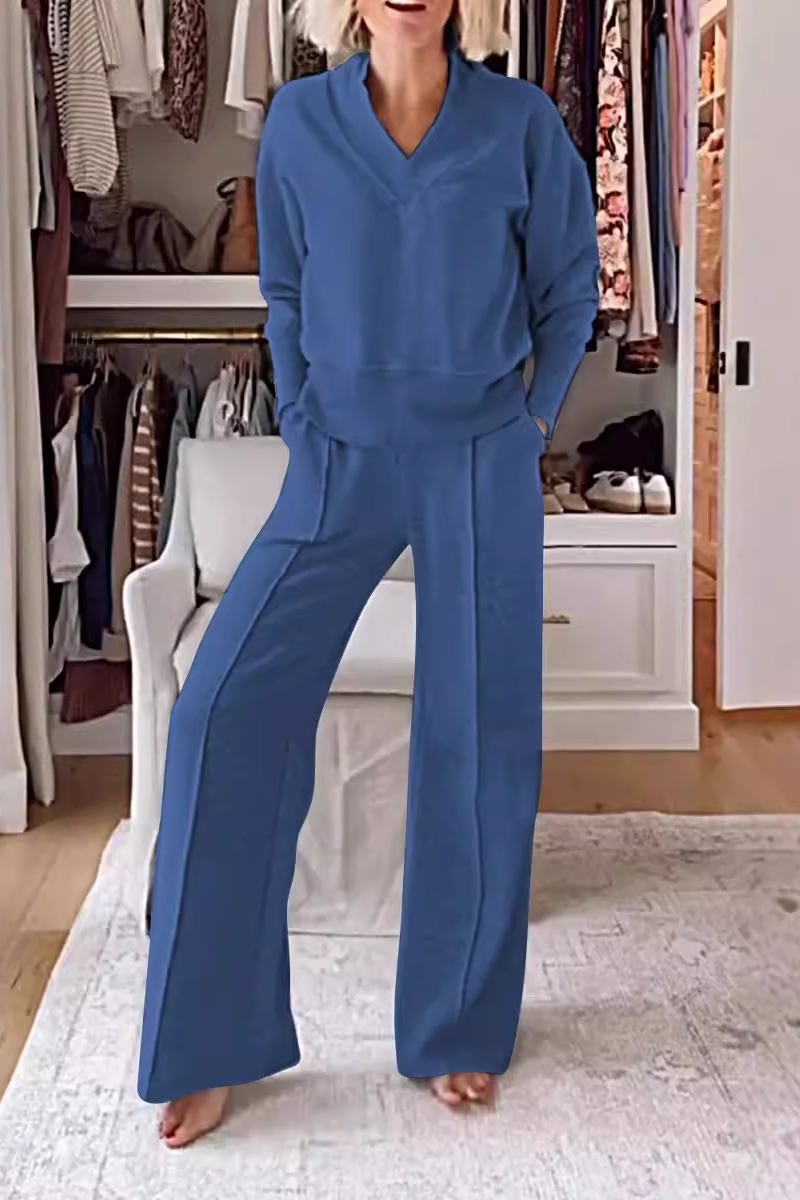 Conjunto informal de dos piezas con cuello en V, manga larga y bolsillos (7 colores)