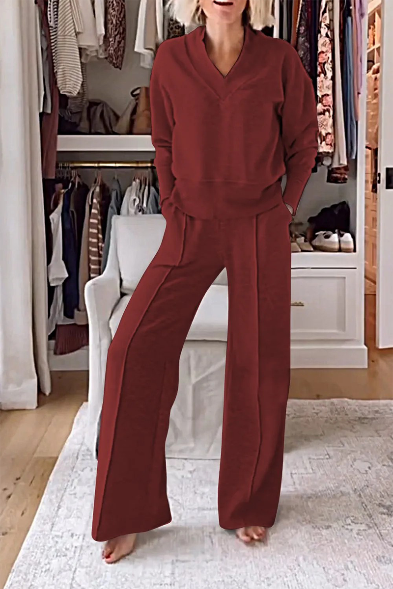 Conjunto informal de dos piezas con cuello en V, manga larga y bolsillos (7 colores)