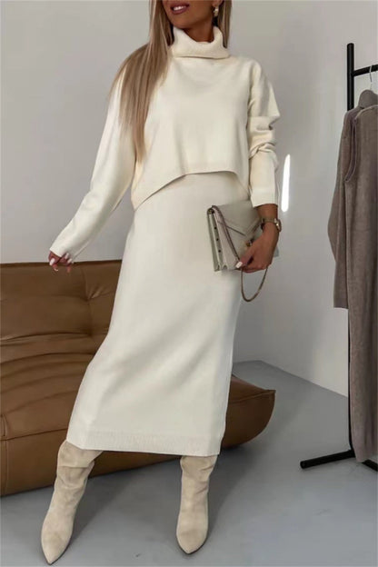 Conjunto informal básico de cuello alto y manga larga de dos piezas (6 colores)