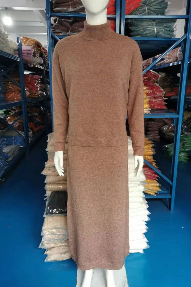 Conjunto informal básico de cuello alto y manga larga de dos piezas (6 colores)