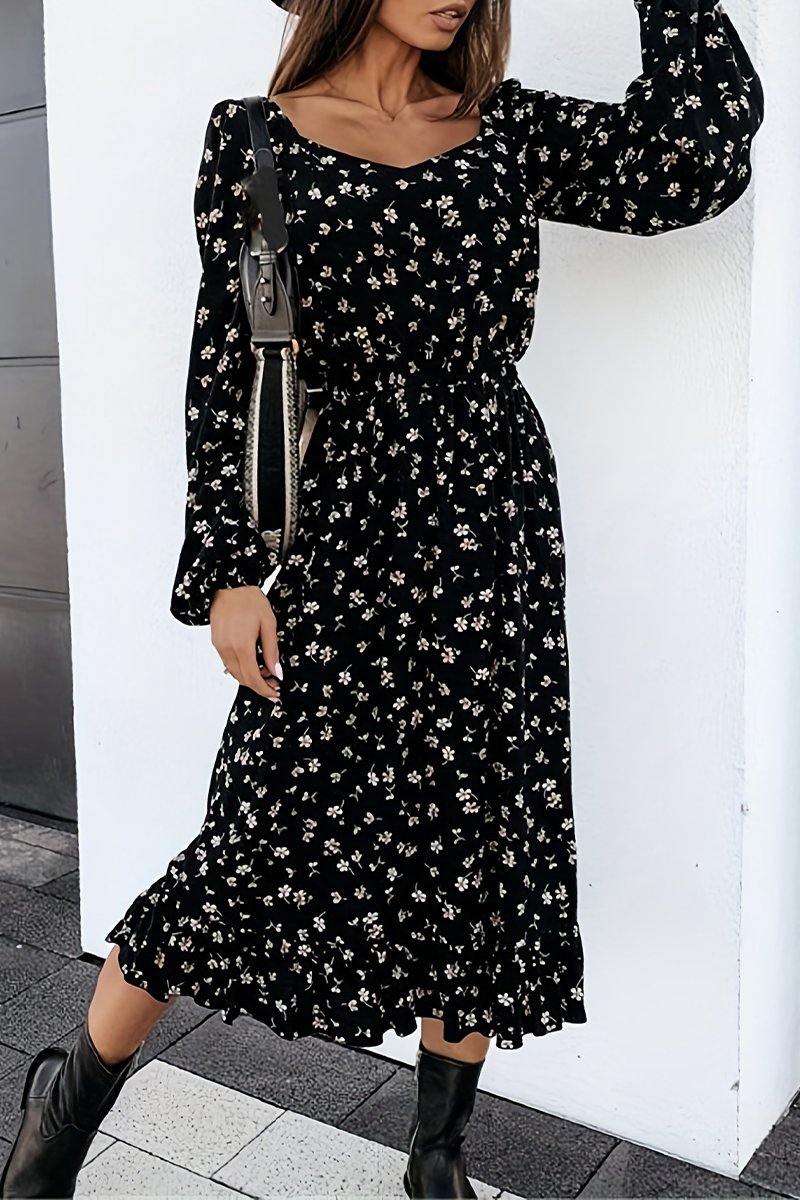 Vestidos elegantes de diario con cuello en V y patchwork de flores en forma de A