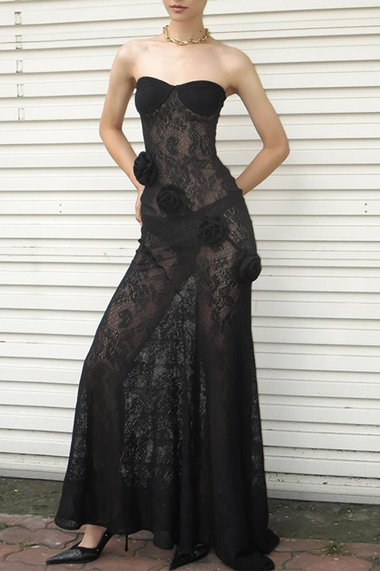 Vestidos largos sin tirantes con encaje sexy en forma de flor