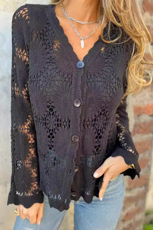 Blusas casuales de encaje con botones calados y cuello en V