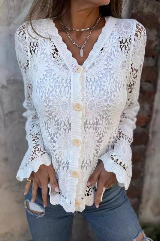 Blusas casuales de encaje con botones calados y cuello en V