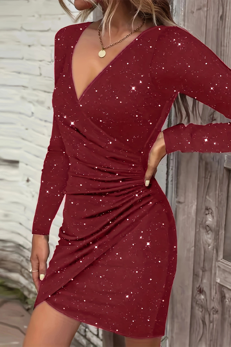 Vestidos sexis con falda cruzada y cuello en V con lentejuelas y patchwork