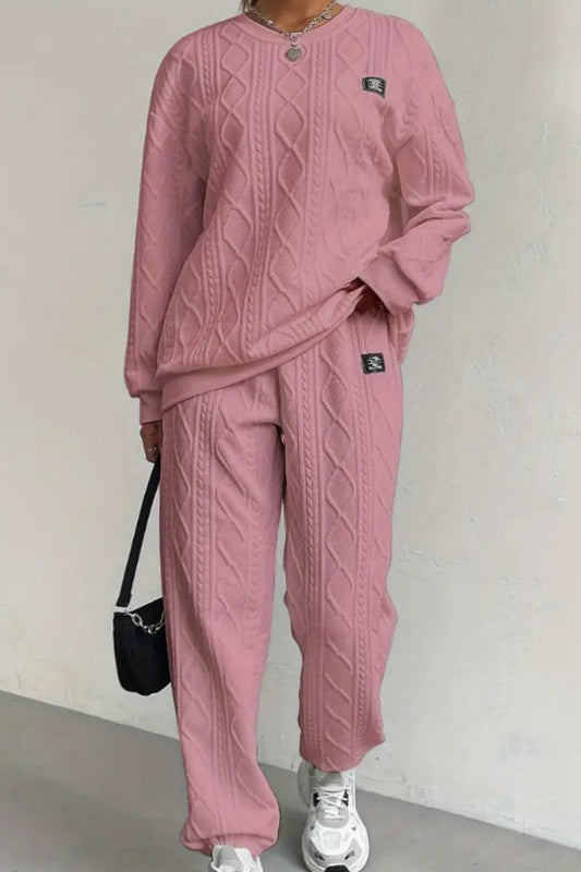 Conjunto informal básico de dos piezas con cuello redondo y manga larga (7 colores)