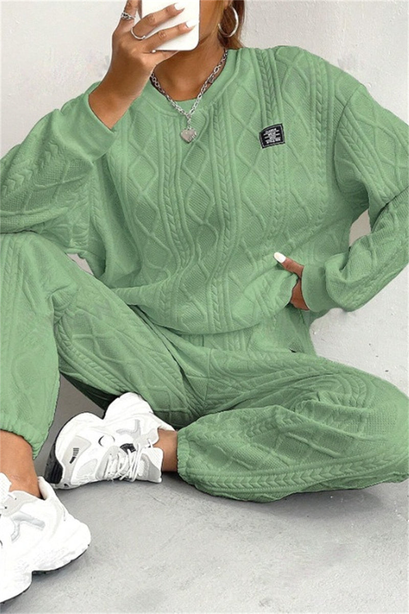 Conjunto informal básico de dos piezas con cuello redondo y manga larga (7 colores)