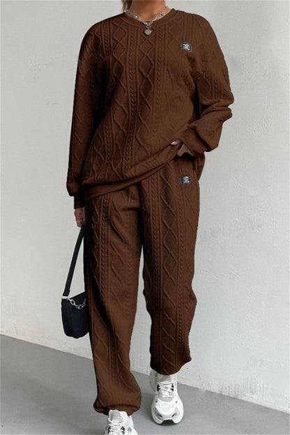 Conjunto informal básico de dos piezas con cuello redondo y manga larga (7 colores)