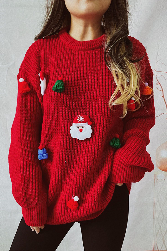 Suéteres casuales de cuello redondo con tejido de patchwork y árbol de Navidad de Papá Noel