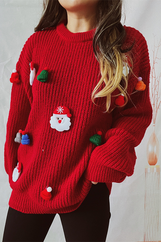 Suéteres casuales de cuello redondo con tejido de patchwork y árbol de Navidad de Papá Noel
