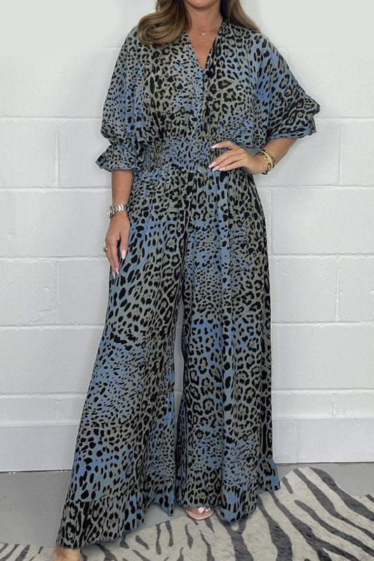 Mono holgado informal con escote en V y estampado de leopardo (4 colores)