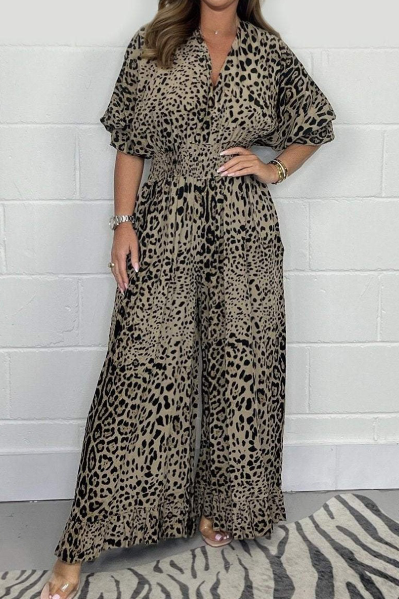 Mono holgado informal con escote en V y estampado de leopardo (4 colores)