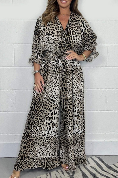 Mono holgado informal con escote en V y estampado de leopardo (4 colores)
