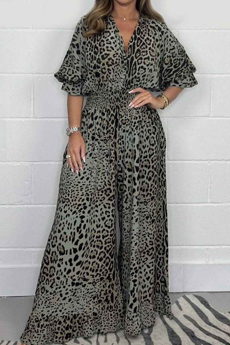 Mono holgado informal con escote en V y estampado de leopardo (4 colores)